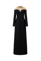 Lune De Soie high neck fishnet shoulder gown featuring a sleek design with a fitted silhouette and intricate fishnet detailing.