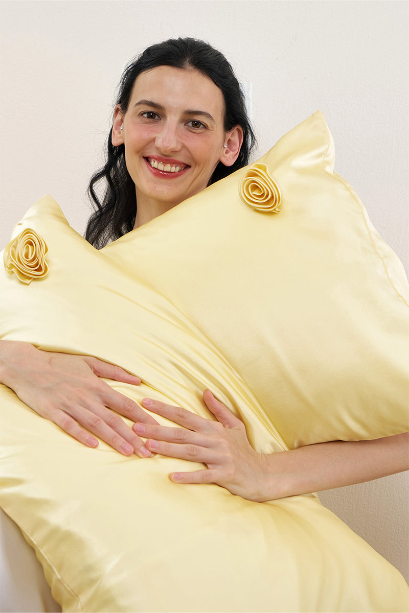 TUSCAN ROSE SILK PILLOWCASE IN YELLOW - CULT MIA