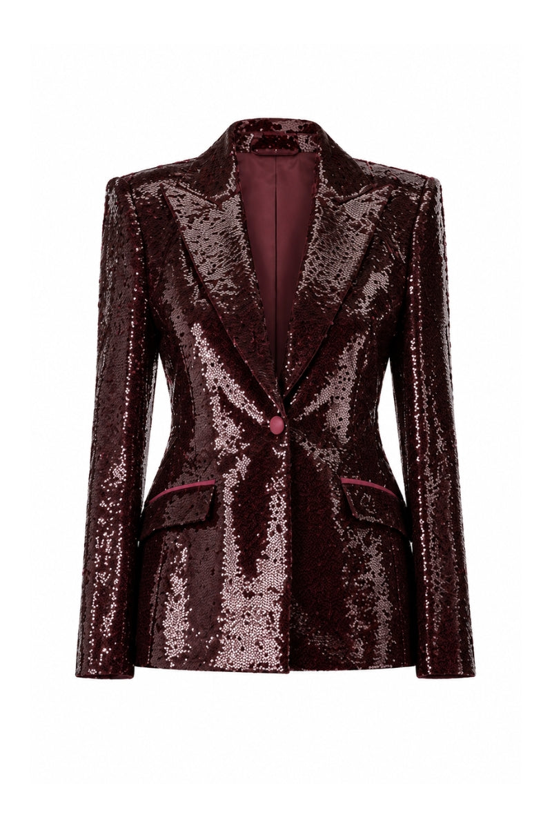 Lili Blanc sequin peak blazer with structured fit, featuring shiny sequin detailing and classic blazer styling.