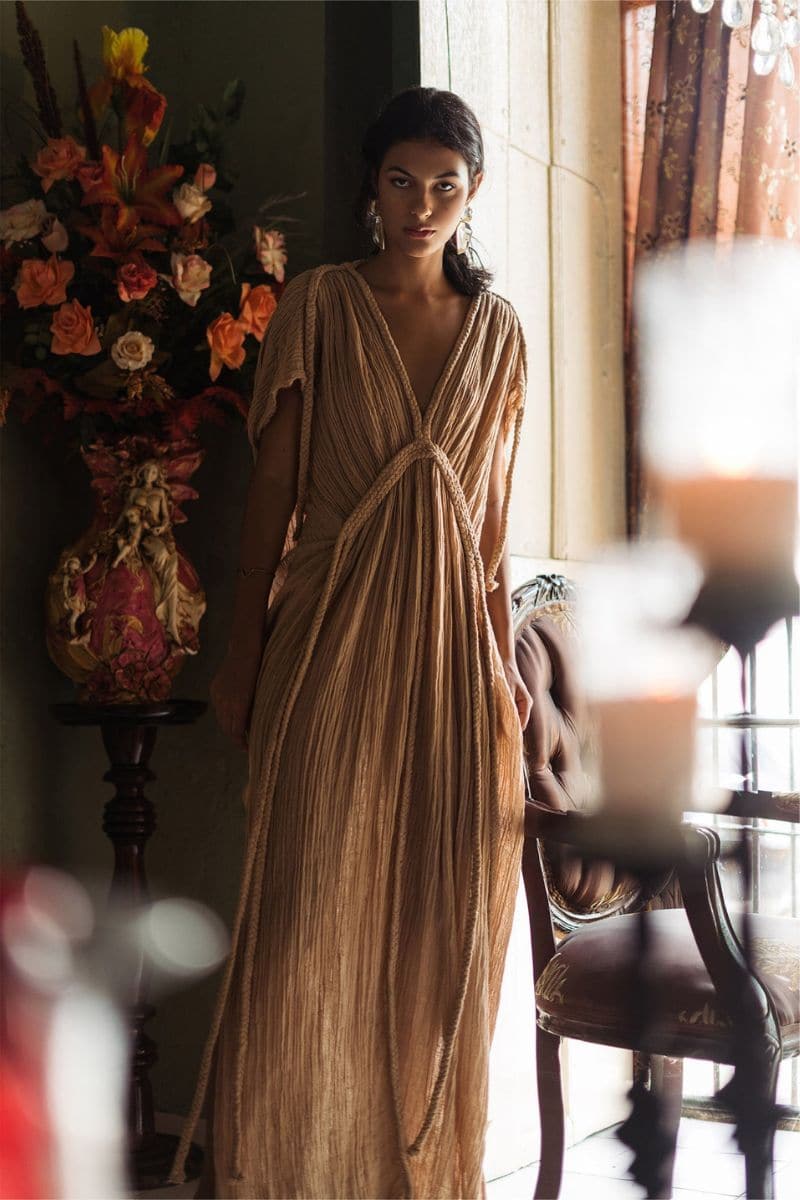 Kasia Kulenty Athena gown in sandy color, elegant maxi dress with flowing fabric and stylish design, perfect for formal occasions.