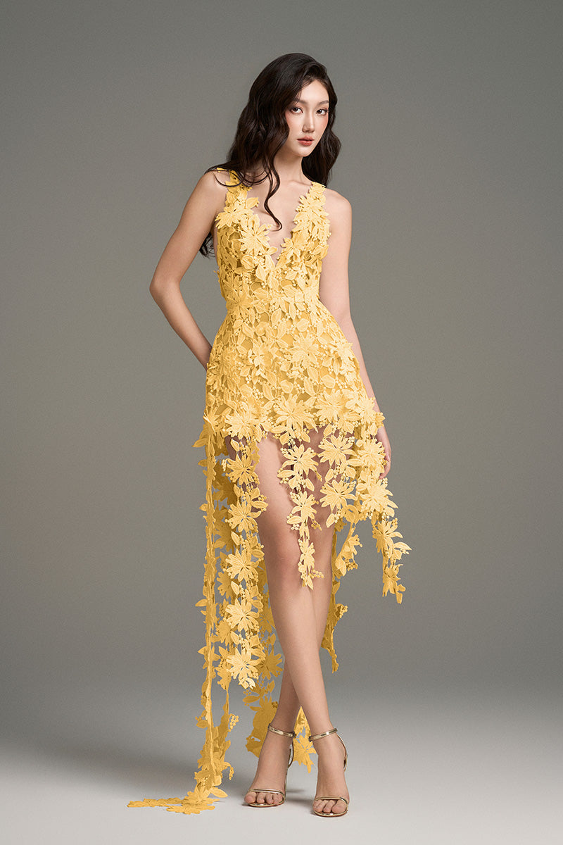 Yellow floral lace maxi dress by I.H.F Studio from the CULT MIA X I.H.F collection, featuring intricate lace and a flowing silhouette.