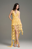 I.H.F Studio CULT MIA X floral yellow lace maxi dress with botanical pattern, flowing design, and feminine details.