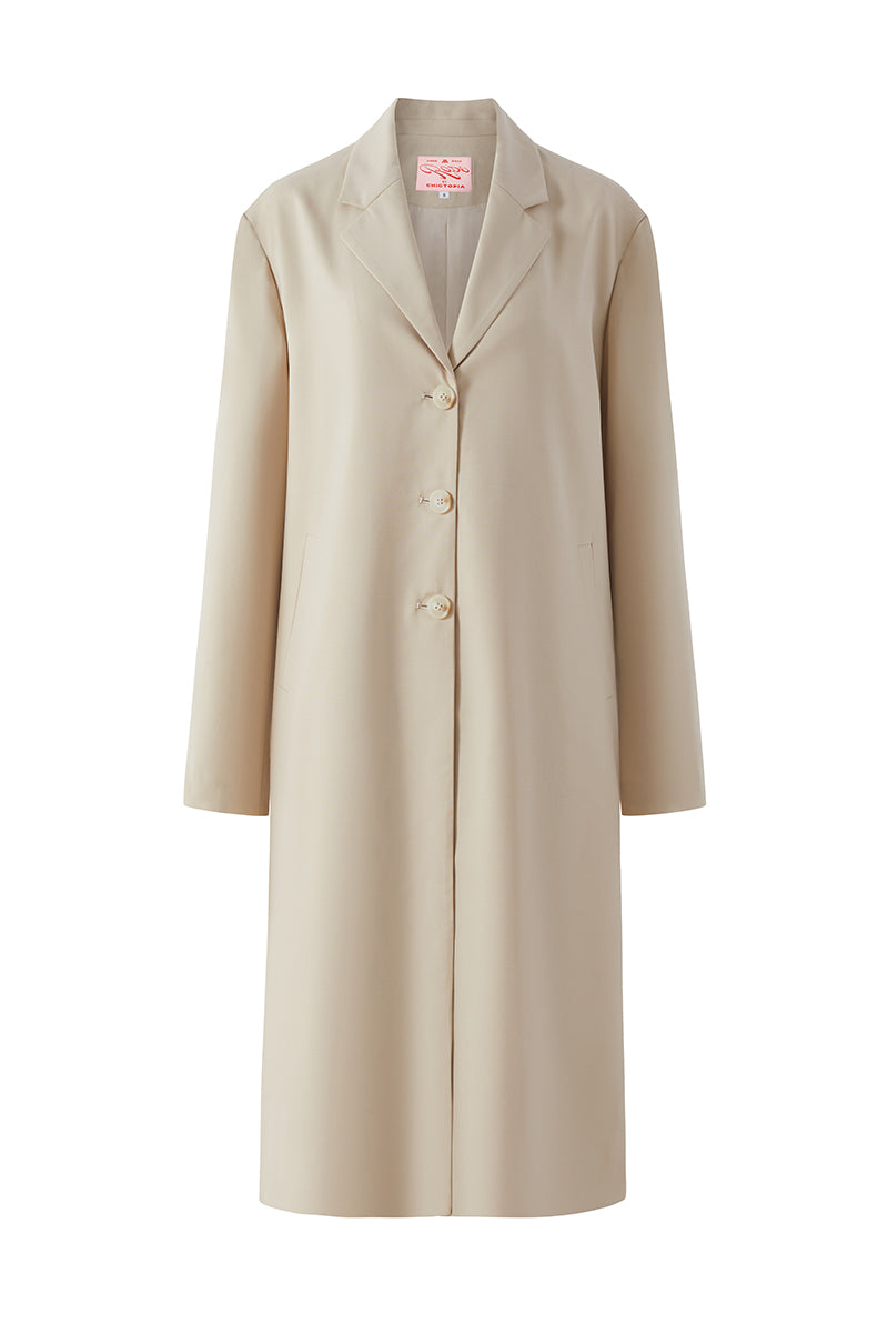 Beige wool blazer by Chictopia, tailored coat with classic lapels and fitted style, displayed on a mannequin.