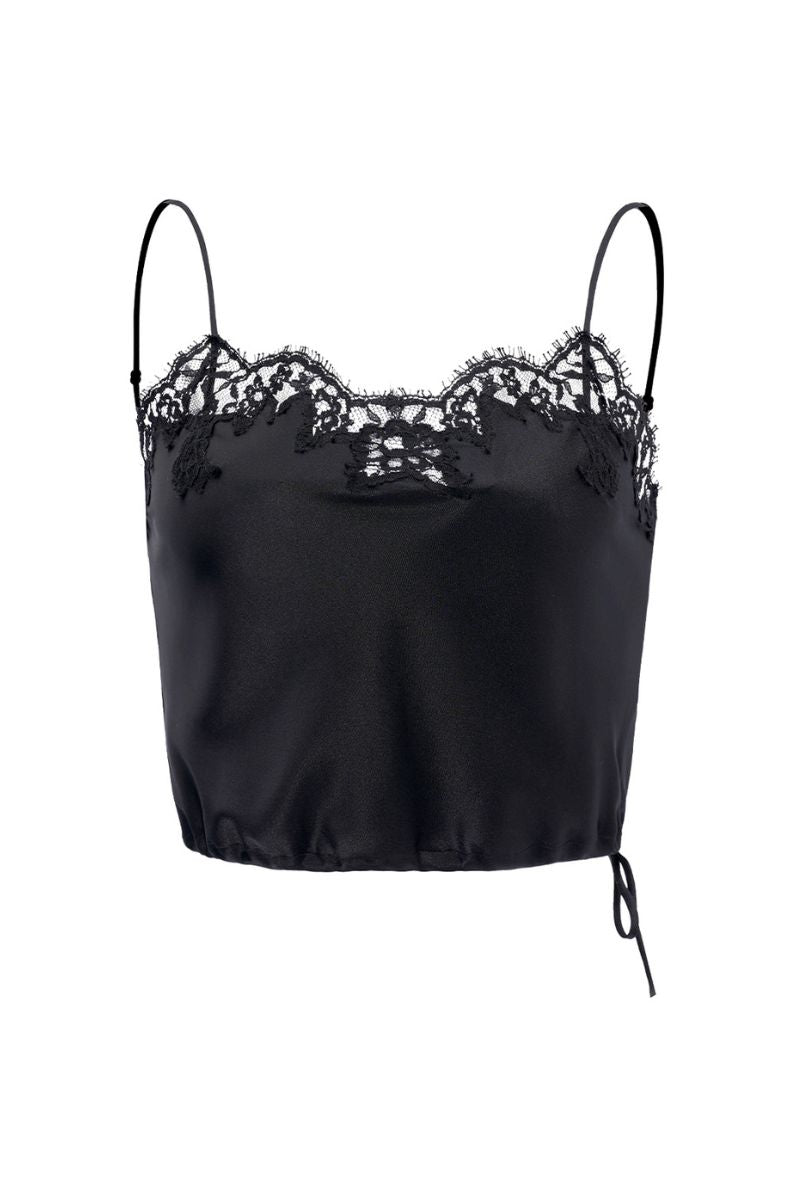Black Flora lace silk camisole top by MANITO, featuring delicate lace details and a smooth silk fabric.