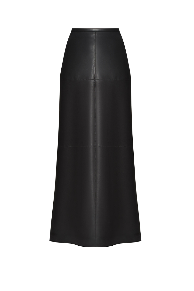 Black faux leather midi skirt by ELENAREVA, shown with a fitted waist and sleek silhouette, styled for a modern look.