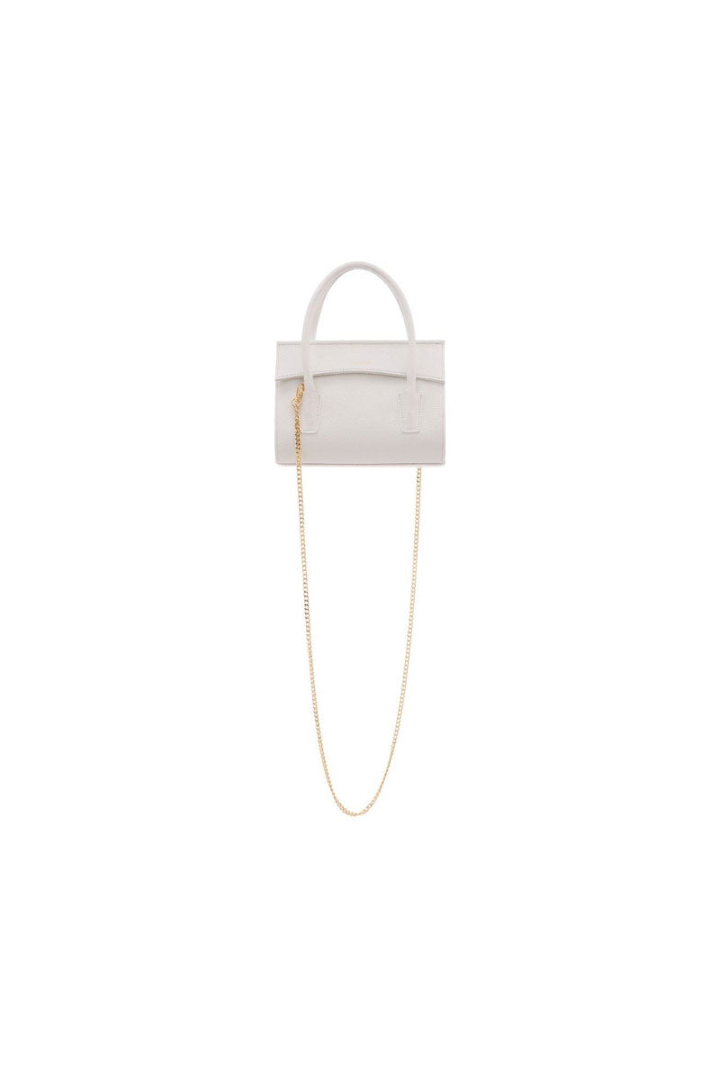 White CELINE mini top handle bag by VIKELE STUDIO, featuring a sleek design with a structured shape and elegant handle.