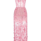 Pink beaded lace pencil gown by Montsand featuring intricate beadwork and elegant lace fabric, fitted silhouette, and sophisticated design.