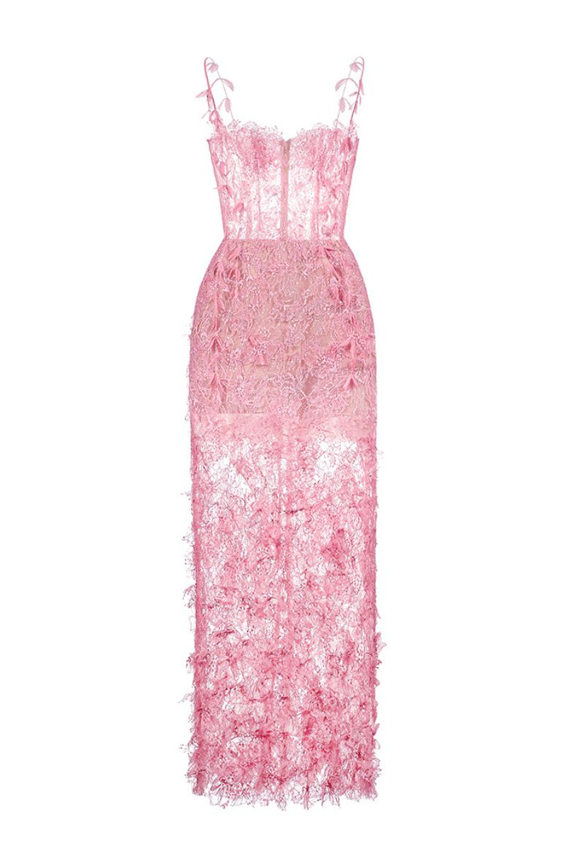 PINK BEADED LACE PENCIL MIDI DRESS - CULT MIA