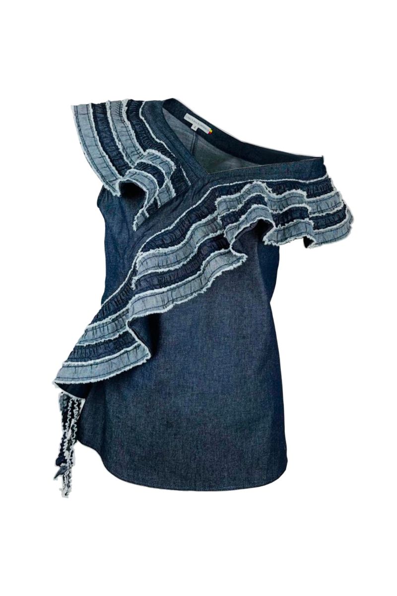HAUT EN JEAN À FLAIR ASYMÉTRIQUE BLEU