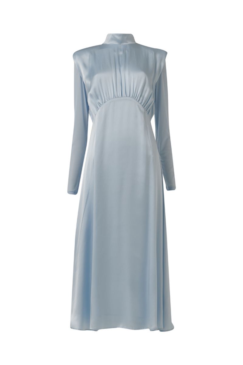 HIGH-NECK SILK DRESS IN BLUE | CULT MIA