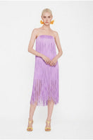 Valenciani lilac all-over fringe midi dress featuring flowing fabric and fringe details, perfect for stylish occasions.