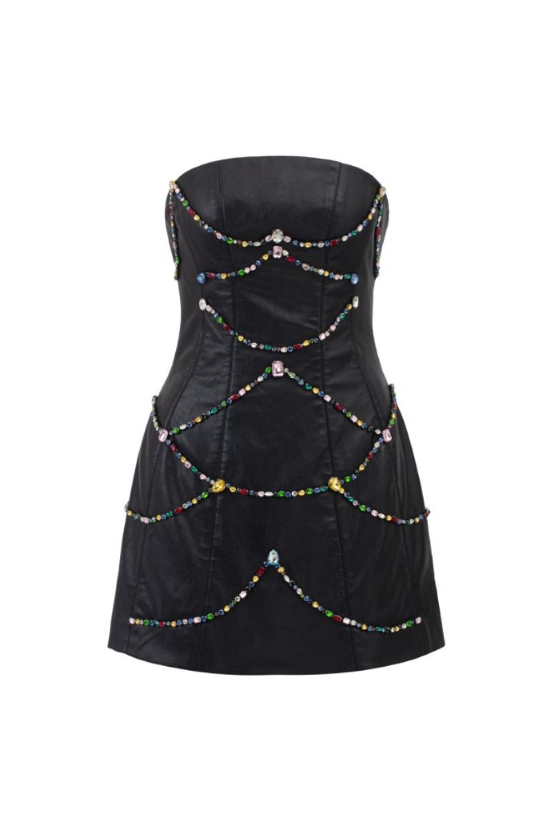 HELGA BLACK LEATHER CRYSTAL MINI DRESS - CULT MIA