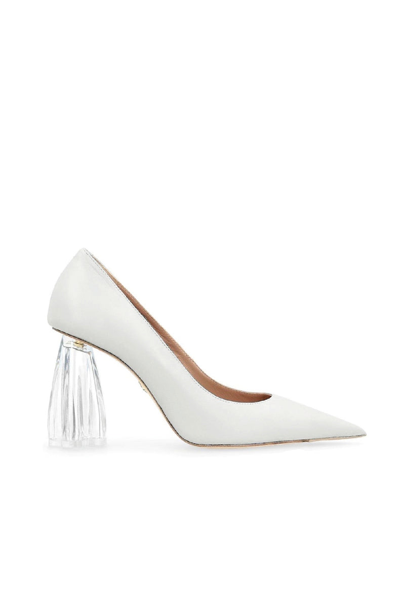 White Fiorellini glass heel pumps by House of Atana, featuring transparent glass heels and a sleek, elegant design.