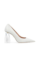 White Fiorellini glass pump heels by House of Atana, featuring elegant transparent glass detailing and a stylish heel design.