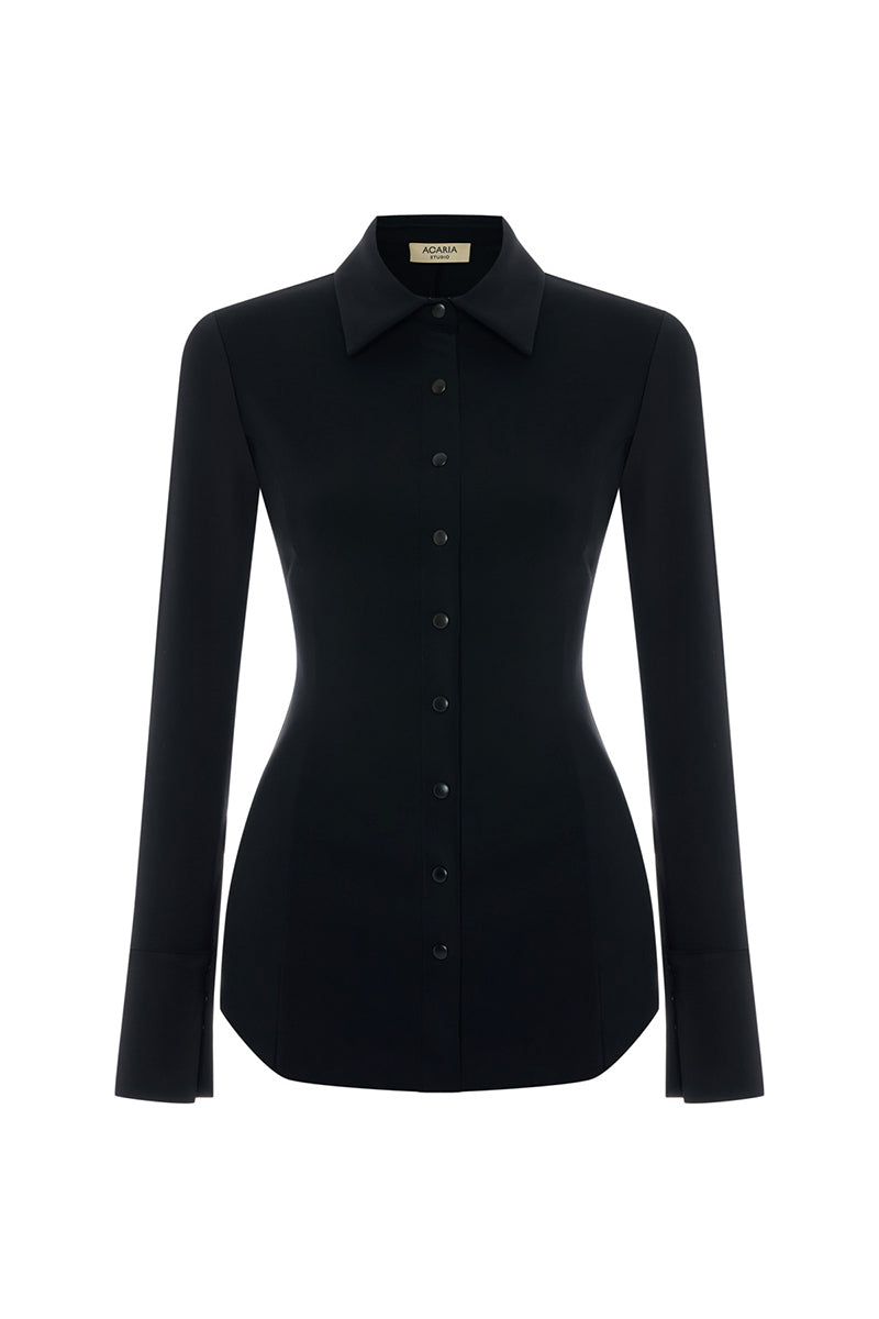 Black SCUBA shirt by Acaria Studio, featuring a sleek, fitted design with smooth fabric and subtle stitching details.