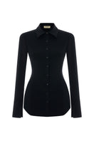 Black SCUBA shirt by Acaria Studio, featuring a sleek, fitted design with smooth fabric and subtle stitching details.
