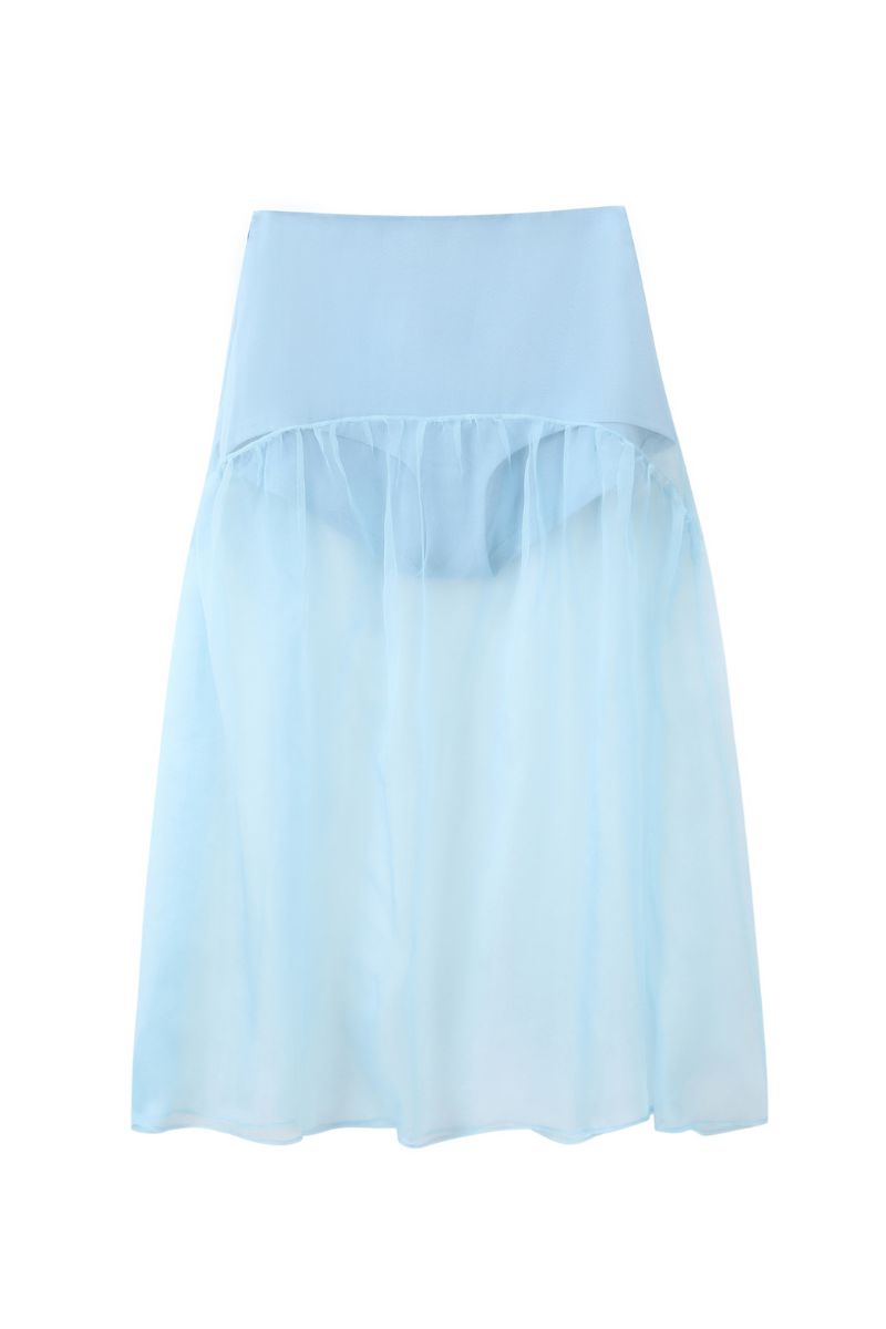 Chictopia Lois midi skirt in pastel blue with flowy fabric and high waist, styled for a chic, feminine look.