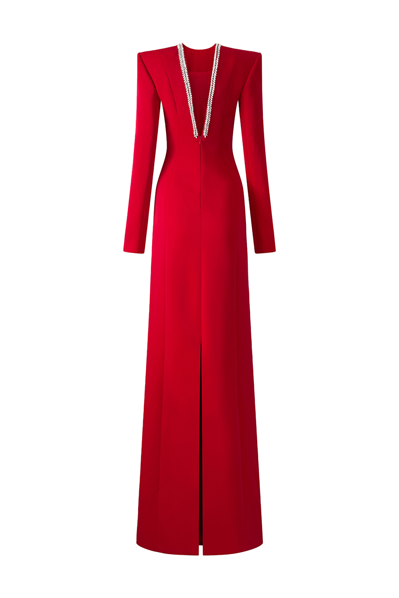 RED OPEN BACK FLOOR LENGTH GOWN - CULT MIA