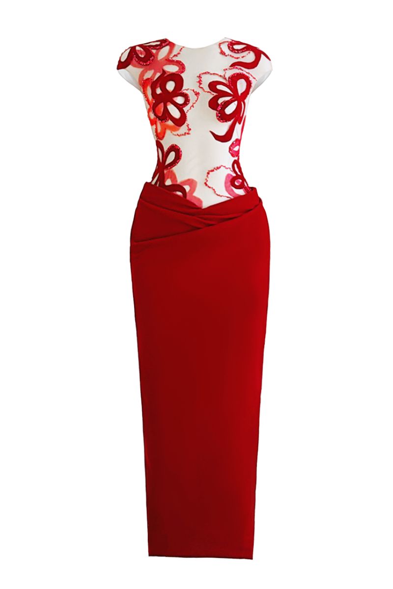 Elegant Do Long Regal Rouge gown with flowing fabric and intricate detailing, perfect for formal occasions.