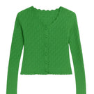 Rebecca Taylor Taryn knit cardigan in forest green, showing close-up of soft, cozy fabric and classic button details.
