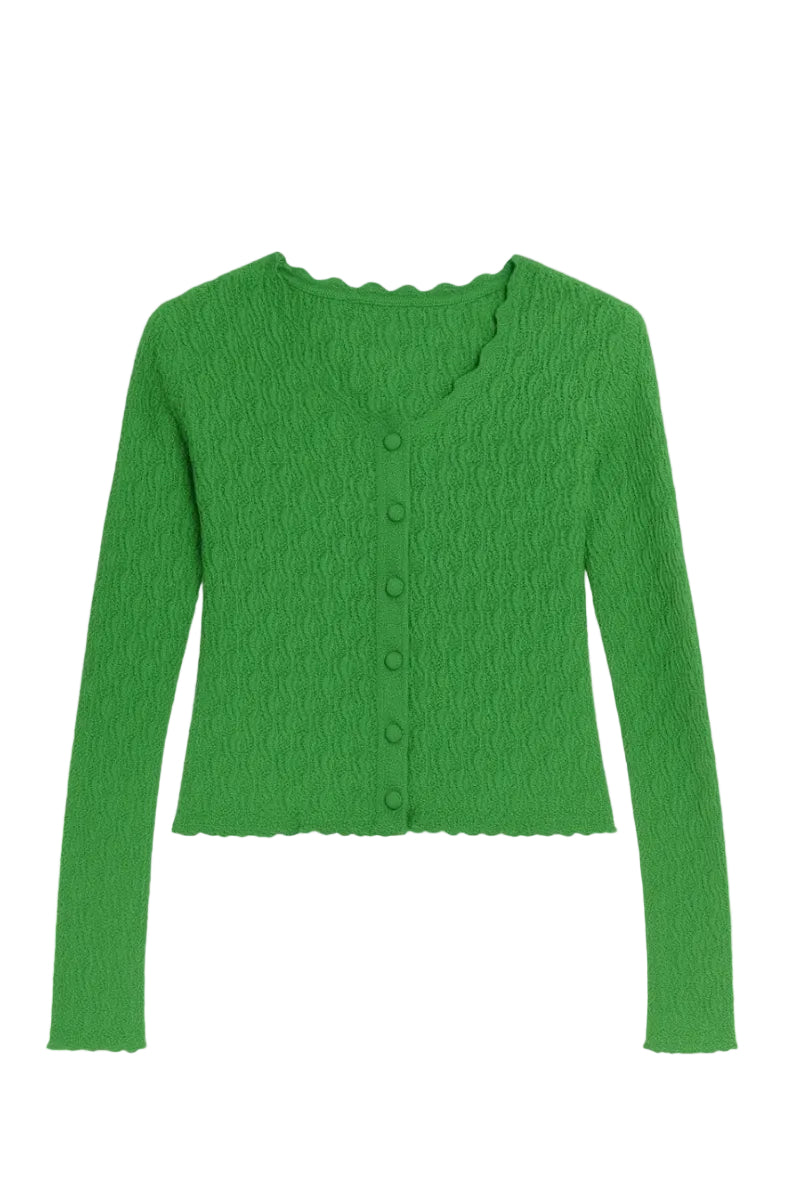 Rebecca Taylor Taryn knit cardigan in forest green, shown on a hanger with a cozy, textured knit and button-up front.