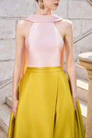 Pink and yellow bamboo taffeta gown by Tracy Studio featuring elegant, flowing fabric and intricate design details.