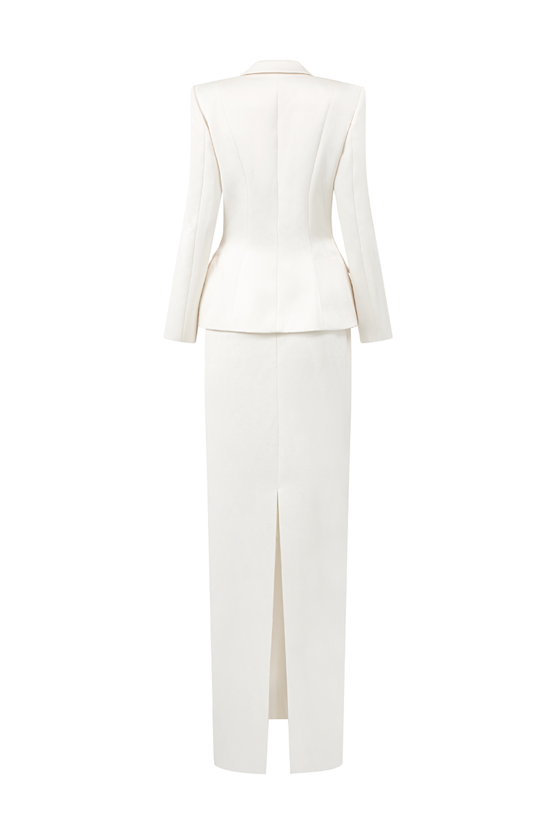 White pearl taffeta co-ord set by Lune De Soie, featuring a top and matching skirt with elegant pearl embellishments.