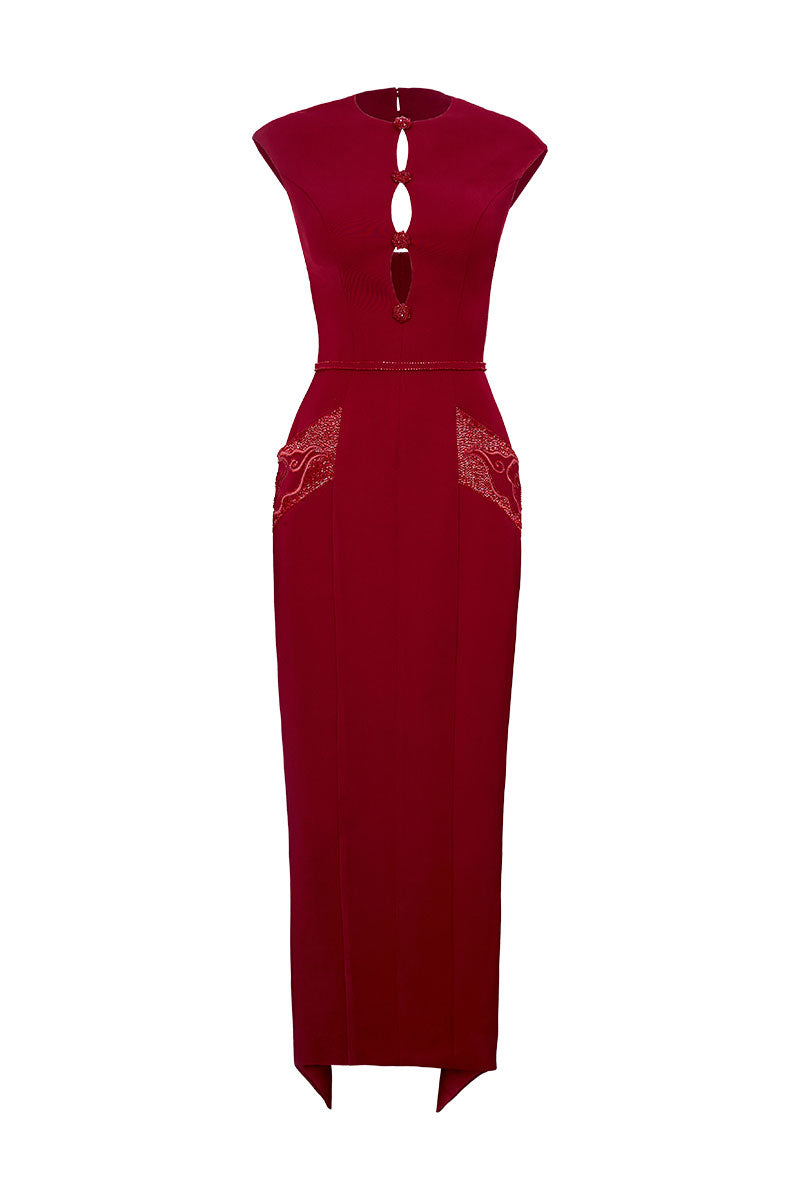 Red Vân Xuân midi dress by Do Long featuring long flowing fabric and elegant design, perfect for formal or casual occasions.