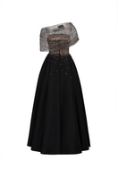 Elegant Tracy Studio crystal lace and bamboo taffeta gown with intricate lace details and flowing fabric.