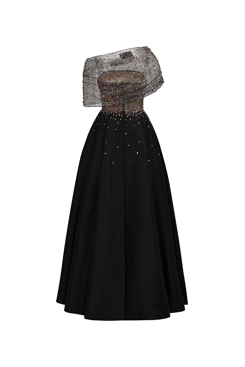 Elegant Tracy Studio crystal lace and bamboo taffeta gown with intricate lace details and flowing fabric.