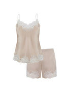 Georgia beige cami and shorts pajama set by Bocan Couture, featuring a soft, comfortable fabric in cozy beige tones.