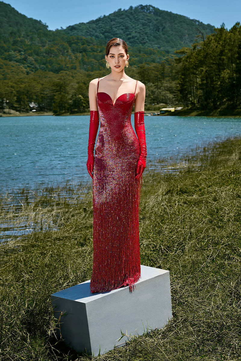 OYSTER RED LONG BEADED GOWN - CULT MIA