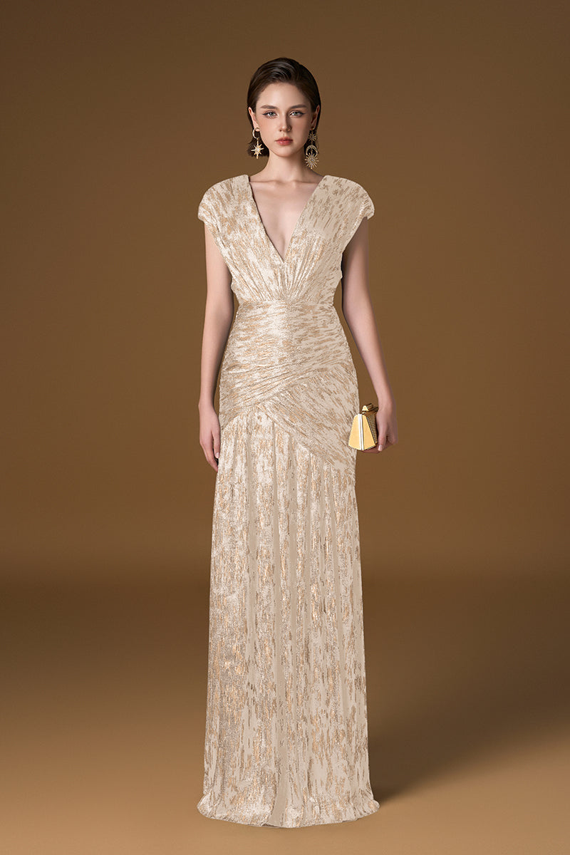 METALLIC STRIPED CHIFFON MAXI DRESS IN BEIGE | CULT MIA | I.H.F METALLIC STRIPED CHIFFON MAXI DRESS IN BEIGE | CULT MIA | I.H.F