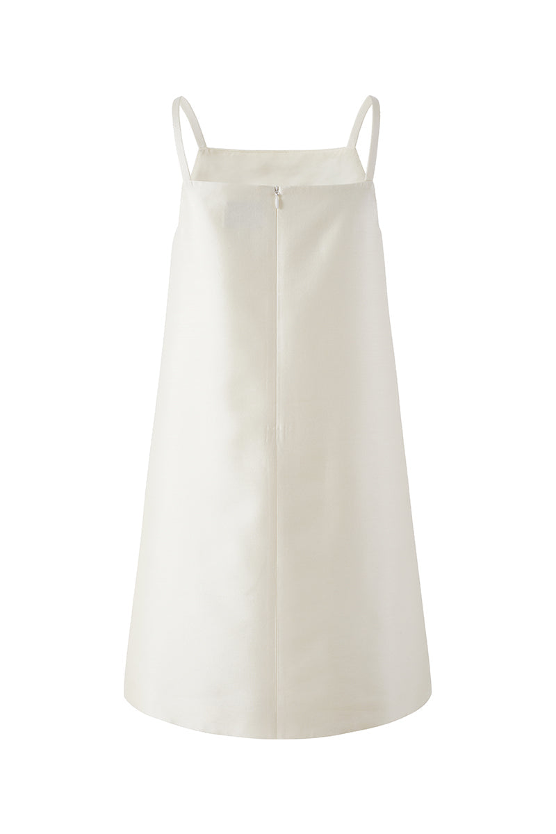 Chictopia ivory square neck mini dress with short sleeves and fitted waist, styled for casual or summer occasions.