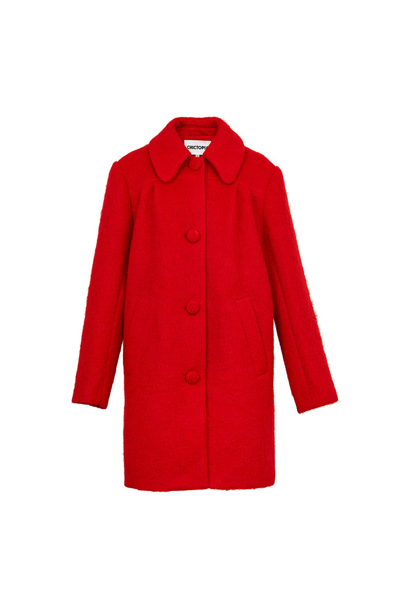 Chictopia ruby wool coat displayed on a hanger, showcasing its rich red color and tailored design perfect for cold weather.