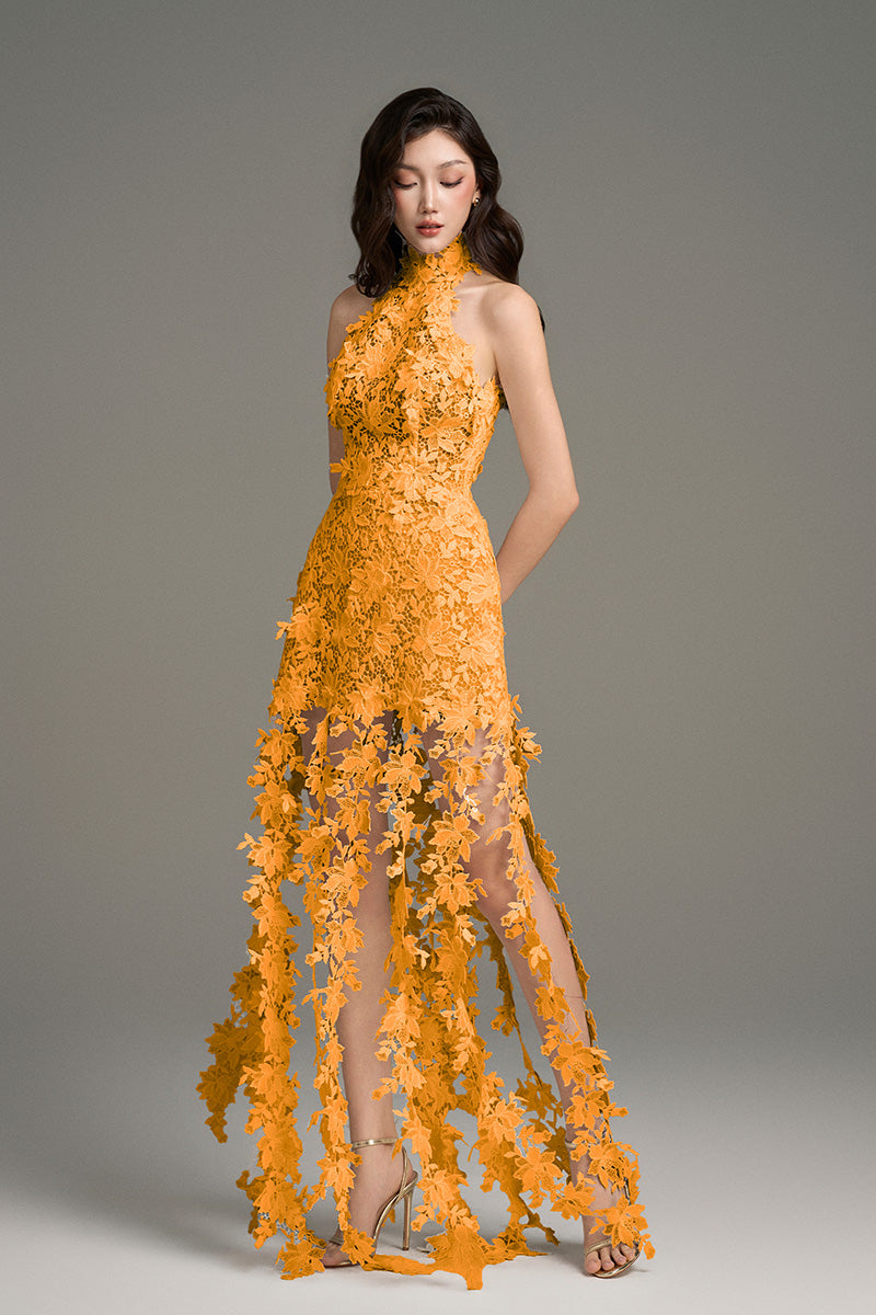 I.H.F Studio CULT MIA X floral vine orange lace maxi dress with intricate lace details and vibrant floral pattern.