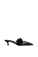 Black nappa and mesh side tie mule heels by House of Atana featuring sleek design and stylish strap details.