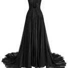 Elegant black Le Thanh Hoa celestial whisper gown with flowing fabric and intricate details, perfect for formal occasions.