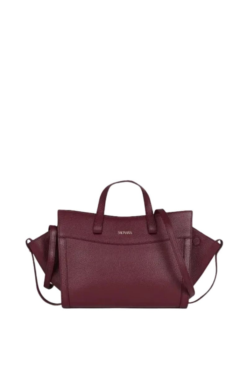 Saonara mini berry leather shoulder bag with sleek design and adjustable strap, perfect for casual or chic outings.