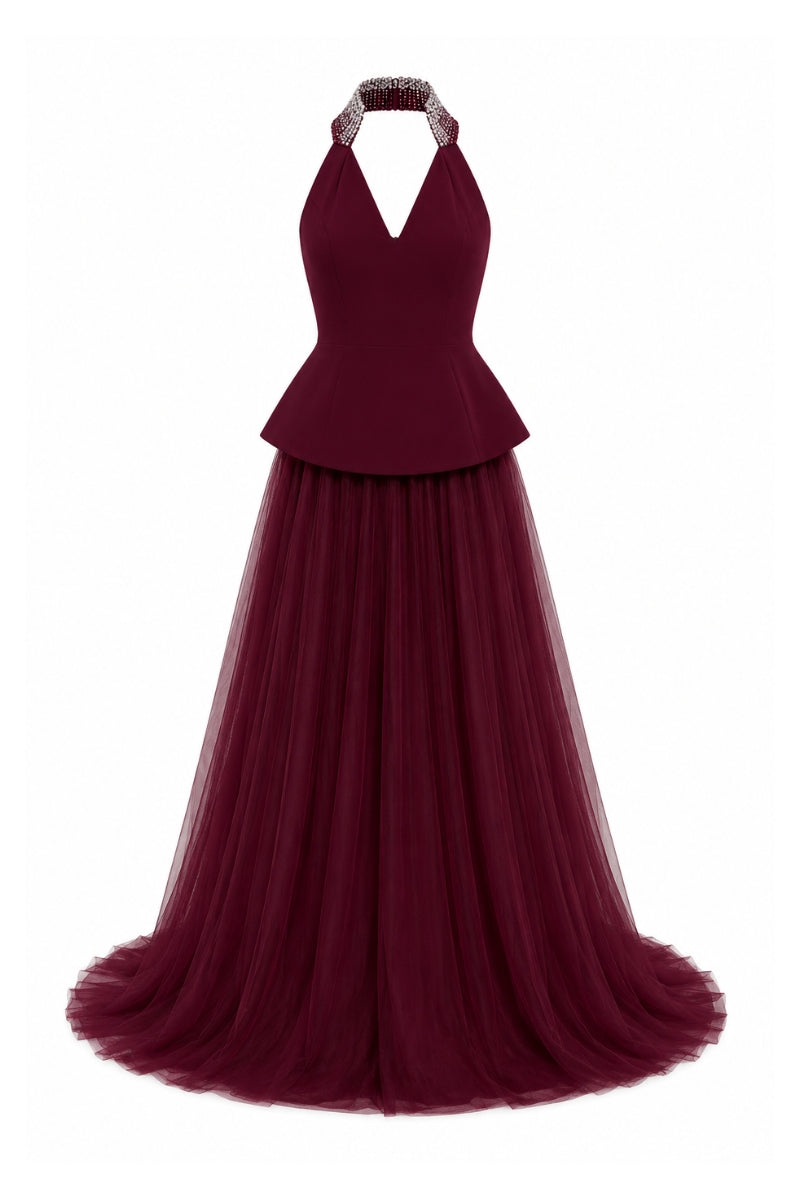 Lili Blanc burgundy floor-length evening gown with elegant fit, flowing fabric, and sophisticated style for formal occasions.