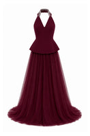 Lili Blanc burgundy floor-length evening gown with elegant fit, flowing fabric, and sophisticated style for formal occasions.
