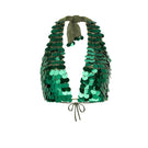 Emerald green hand-crochet top by Mirel Prentice with sequin embellishments, showcasing intricate detailing and vibrant color.