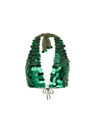 Emerald green hand-crochet top by Mirel Prentice with sequin embellishments, showcasing intricate detailing and vibrant color.