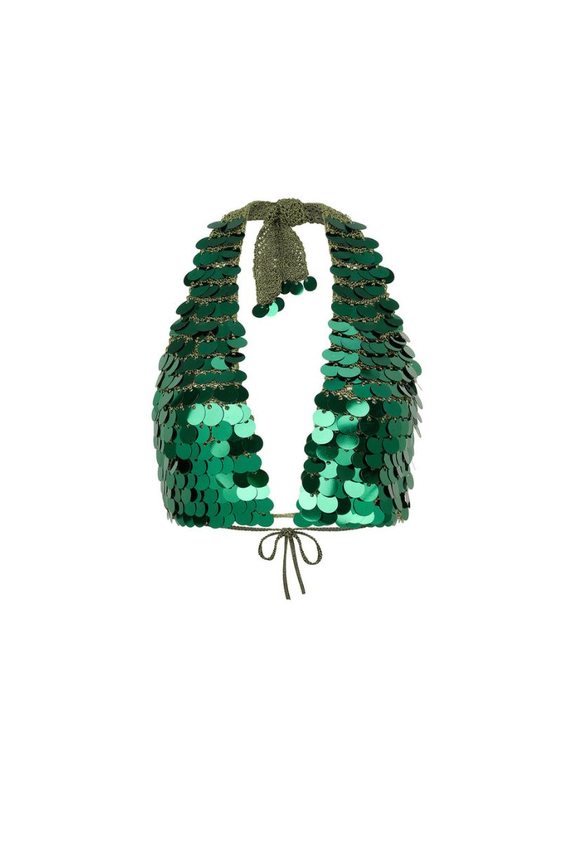 Emerald green hand-crochet top by Mirel Prentice with sequin embellishments, showcasing intricate detailing and vibrant color.