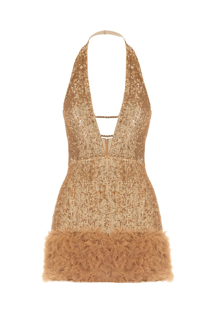 GOLD SEQUINNED TULLE-DETAIL MINI DRESS - CULT MIA