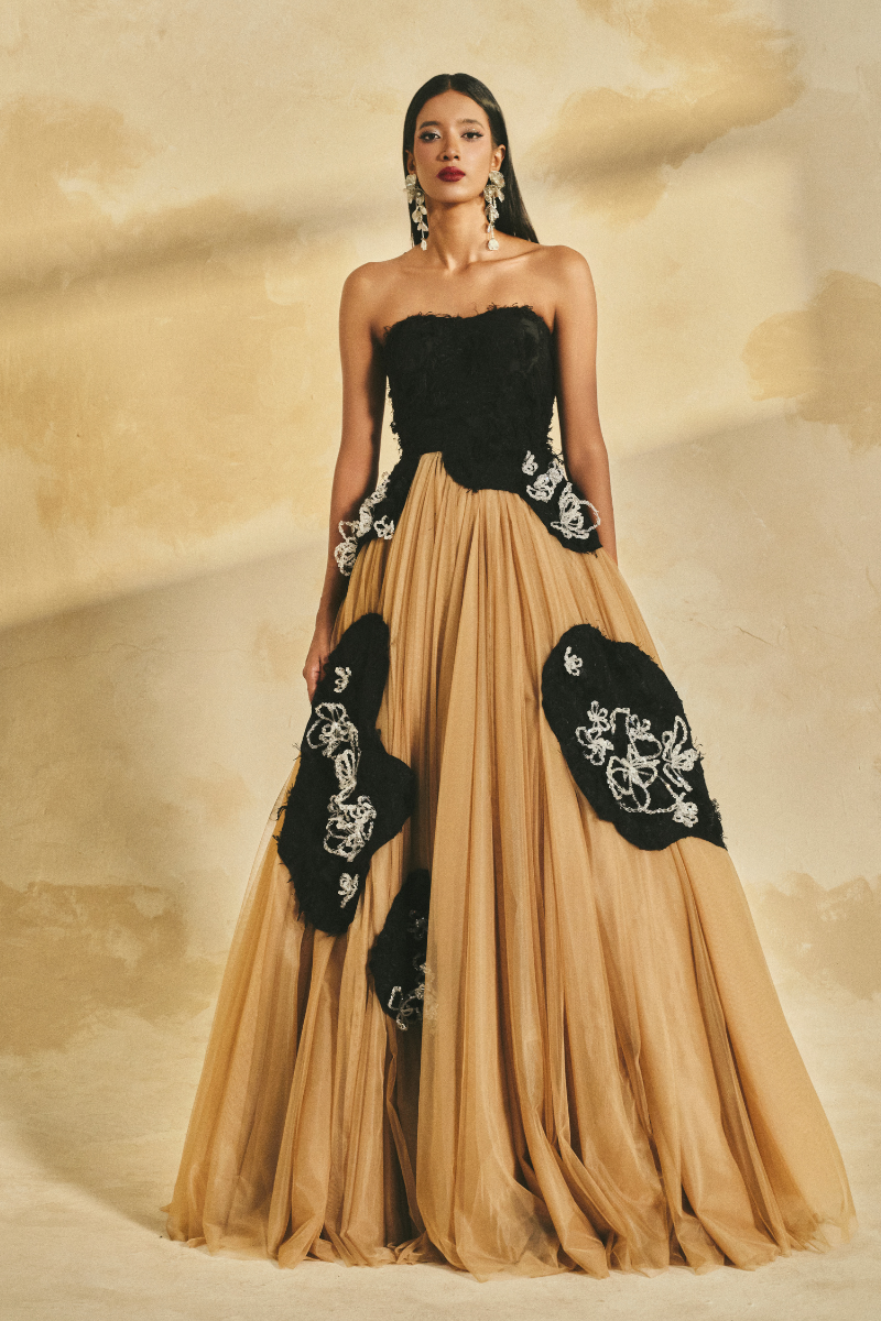 OFF-SHOULDER FRINGE JACQUARD AND MESH FLARED MAXI DRESS