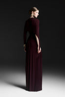 Maison Des Copains purple ruched floor-length gown, elegant evening dress with a fitted bodice and flowing skirt.