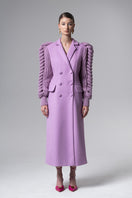 Liya statement sleeves coat in lilac with dramatic, puffed sleeves and tailored fit, stylish for cold weather.