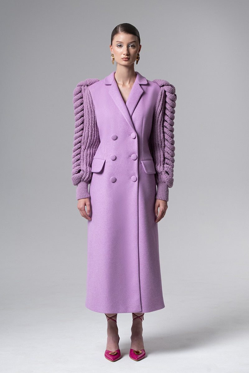 Liya statement sleeves coat in lilac with dramatic, puffed sleeves and tailored fit, stylish for cold weather.