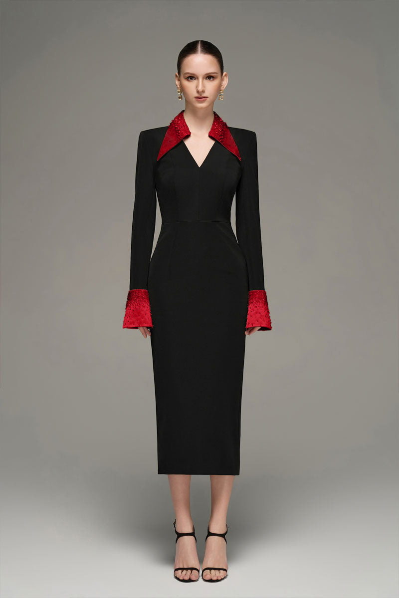 V-NECK FLARED CUFF KNEE LENGTH DRESS IN BLACK AND RED - CULT MIA